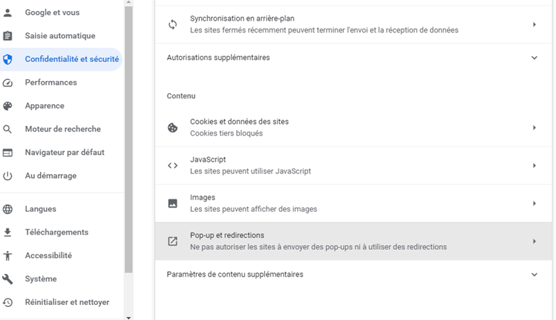 Lien pop-ups et redirections mis en évidence dans les paramètres du site